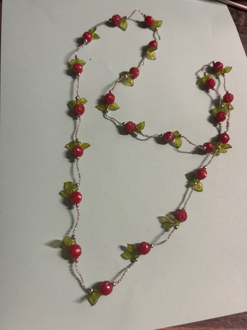 Handcrafted Red Bead and Green Leaf Long‎ Necklace - Women Jewelry